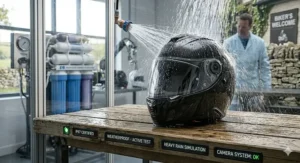 A technical graphic showing the IP67 waterproof rating of a built-in camera on a motorcycle helmet during heavy rain.