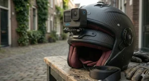Close-up of the reinforced locking mechanism on a GoPro ready motorcycle helmet.