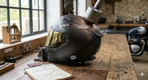 A photorealistic comparison of two motorcycle helmets in a workshop with small, premium brushed aluminium tags in front of each. The tag for the fibreglass helmet displays a lower price starting from £299, while the carbon fibre tag shows a higher price from £549.