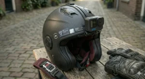 Interior lining and safety labels of a high-spec GoPro ready motorcycle helmet.