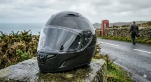 Close-up of top ventilation vents on a carbon fibre helmet.