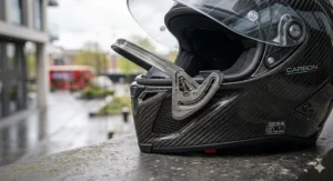 Detailed view of the quick-release visor mechanism on a premium full carbon helmet.