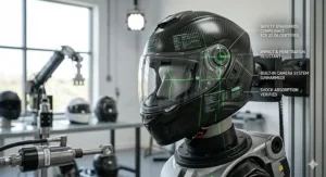 An infographic detailing the ECE 22.06 safety rating compliance of a motorcycle helmet with an integrated camera.