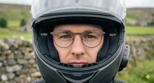 Front-on view of a motorcyclist wearing a full-face helmet with glasses, demonstrating a secure and comfortable fit.