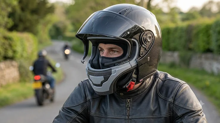 A detailed render of the quick-release moisture-wicking lining and cheek pads. carbon composite helmet