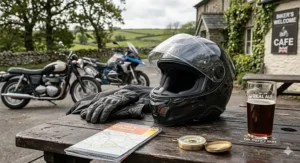 A motorcyclist riding through the British countryside wearing a helmet with a built-in camera to capture footage.