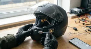 A first-person view from inside a motorcycle helmet showing navigation information projected onto the visor while riding through a UK city street.