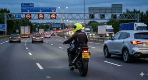 A rear view of the rider and motorcycle from watermarked_img_14308276467804624803.png on the M1 motorway at dusk, demonstrating how the glowing high-visibility helmet improves safety in traffic.