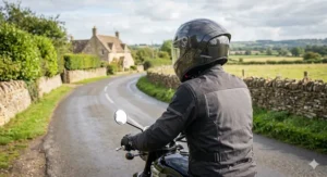 Motorcyclist wearing a full carbon helmet while riding on a rural British B-road.
