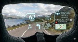 Illustration of a rider keeping their eyes on the road using a HUD helmet.