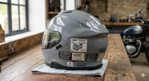 A detailed photograph focusing intensely on the rear profile of a solid grey fibreglass helmet shell, clearly displaying the official UK government 5-star SHARP safety rating label and an ECE 22.06 certification decal.