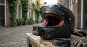 Side profile of a GoPro ready motorcycle helmet showing the aerodynamic camera mounting point.