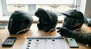 An overhead view of the full motorcycle helmet navigation system kit including all components and a mobile device for final configuration.