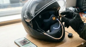 A technician calibrating a motorcycle helmet navigation system using an instructional diagram and a smartphone app.