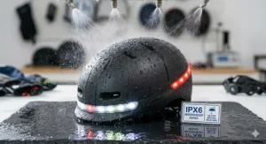 Alt text for image 3: A budget LED helmet being tested under rain, demonstrating its waterproof rating for British weather.