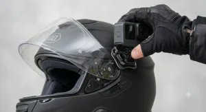 Detailed illustration of a dense foam microphone cover designed for wind noise reduction on a motorcycle helmet.