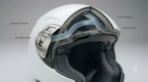 Diagram highlighting the chin and top air vents on a touring helmet to keep riders cool on long summer rides.