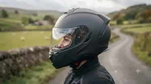 A profile view showcasing the sleek, wind-tunnel-tested shape of the fibreglass touring helmet to reduce drag.