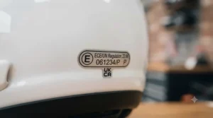 Wind tunnel testing showing airflow and lift forces on a sleek fibreglass sport bike helmet, demonstrating its aerodynamic performance characteristics.