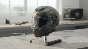 Front view of a sleek Kevlar motorcycle helmet highlighting adjustable intake vents and wind-tunnel-tested aerodynamics.