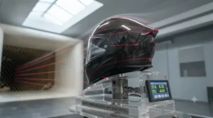 Aerodynamic profile of a multi-fibre helmet for touring, engineered to reduce neck fatigue and wind buffeting at motorway speeds.