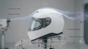 Wind-tunnel tested aerodynamic helmet profile designed to reduce neck fatigue during motorway cruising.