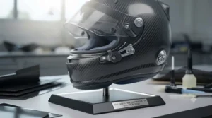 Detailed view of the quick-release visor mechanism on a racing helmet, highlighting the anti-fog coating.