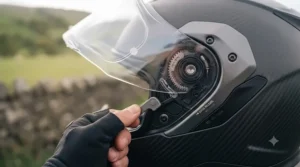 A side view highlighting the quick-release anti-scratch visor system on the fibreglass touring helmet.