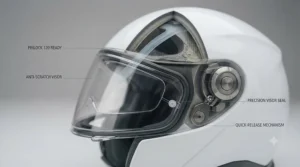 Anti-scratch visor with Pinlock-ready insert fitted on a motorcycle helmet for clear visibility in unpredictable British weather.