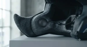 The scratch-resistant, wide-field visor on the fibreglass helmet in an open position.