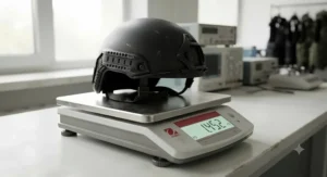 Laboratory impact resistance test setup measuring blunt force absorption on a tactical helmet shell.
