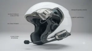 Speaker pockets and communication system cutout inside a touring motorcycle helmet for seamless GPS and rider intercom use.
