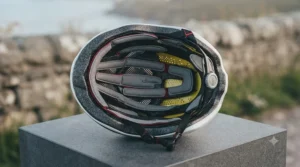 Close-up of the moisture-wicking interior padding inside the lightweight fibreglass sport helmet for all-day comfort.