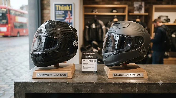 Side-by-side comparison of a carbon composite motorcycle helmet and a full carbon fibre helmet on a neutral background. carbon composite vs full carbon helmet