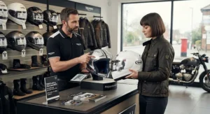 A motorcyclist in the UK choosing between fibreglass and polycarbonate helmets for daily commuting.