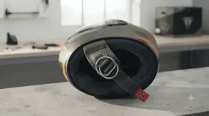 Secure double D-ring chin strap fastening system on a high-performance Kevlar motorcycle helmet.