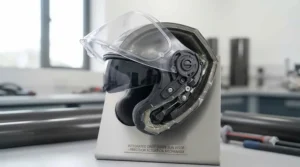 A rider operating the drop-down internal sun visor on a multi-fibre helmet for touring, ideal for changing light conditions.