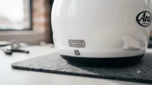 Close-up of an ECE 22.06 safety certification label on the back of a certified UK motorcycle helmet, clearly showing the approval mark and number.