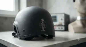 Close-up view highlighting the rigid shell finish and protective edging of a standard fibreglass helmet.
