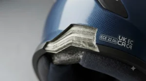 Close-up of the multi-layered fibreglass motorcycle helmet shell construction.