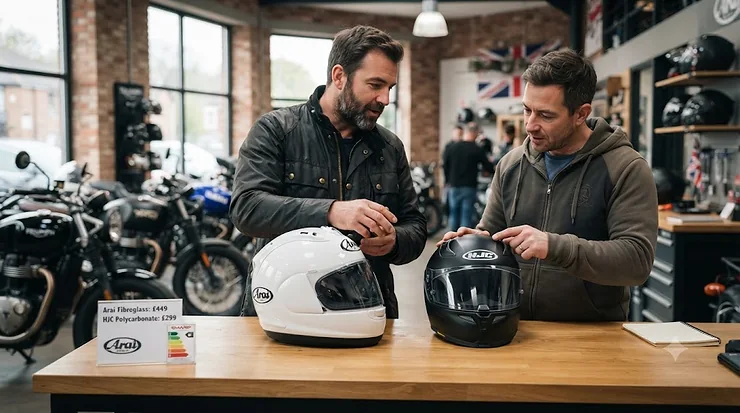 Side-by-side comparison of a premium fibreglass motorcycle helmet and a polycarbonate helmet on a workbench in a modern UK dealership workshop, illustrating key material differences for British riders. fibreglass helmet vs polycarbonate helmet