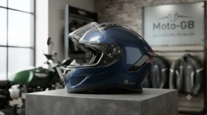 Sleek fibreglass sport motorcycle helmet in gloss black finish, showcasing aerodynamic side profile.