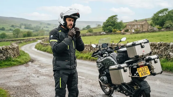 A rider adjusting a high-visibility fibreglass touring helmet designed for long-distance motorcycle touring across the UK. fibreglass touring helmet for long rides
