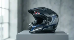 Side profile of the lightweight fibreglass touring helmet showing its aerodynamic shape.