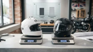 Infographic chart comparing the average weight of fibreglass helmets versus polycarbonate motorcycle helmets in grams, displayed on a screen in a UK workshop.