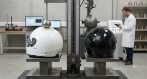 Side-by-side impact test demonstration comparing fibreglass and polycarbonate shell durability.