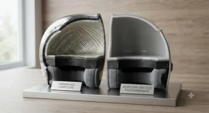 Cross-section diagram showing the different protective material layers in fibreglass and polycarbonate helmets.
