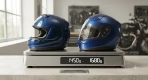 A scale showing the weight difference between a lightweight fibreglass helmet and a standard polycarbonate helmet.