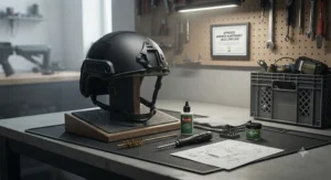 Proper maintenance and cleaning kit arranged neatly next to a stored safety helmet.