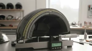 Exploded view diagram showing the multi-layer construction of a carbon composite helmet shell.